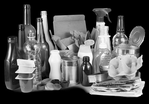 A collection of various discarded plastic bottles, glass bottles, and containers are arranged on a flat surface, with some stacked or leaning against each other. The bottles vary in shape and size, including tall, slender, and wider, rounded forms, with textures ranging from smooth to slightly ridged. Some have caps or lids, while others are open and empty. There are also paper and cardboard items, such as wrapped packages and crumpled sheets, placed toward the right side of the image, with some stacked or overlapping. The background is dark, highlighting the assortment of waste items, which are representative of household or commercial rubbish, ready for disposal or collection services such as those offered by Office Clearance Herne Hill. The scene appears indoors or in a controlled environment, emphasizing items typically handled during rubbish removal in the Herne Hill area, within the postcode region, and showcases the variety of waste materials people dispose of that require professional clearance services.